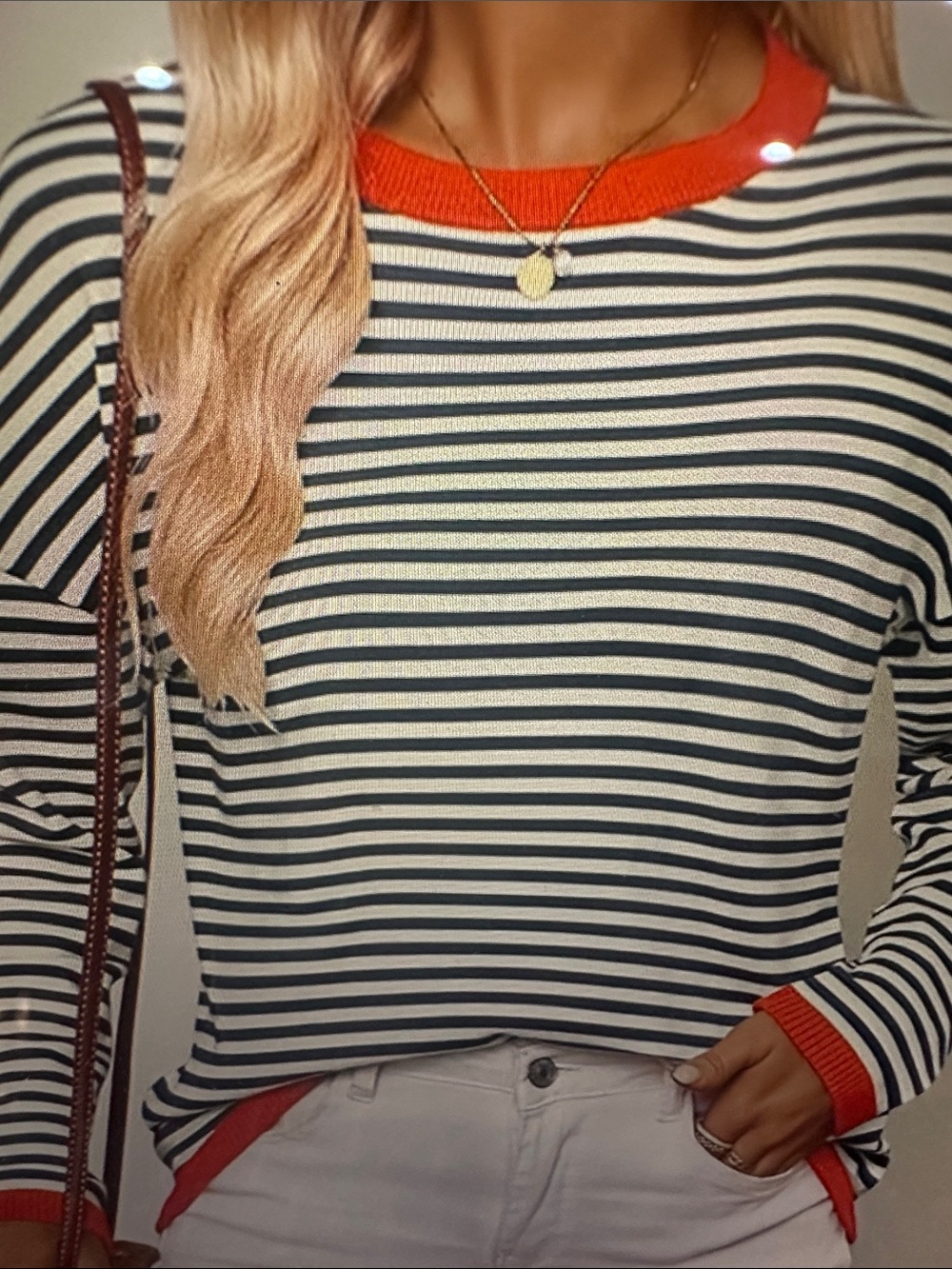 Jessica Black and White Striped Sweater with Orange Trim, size medium - Picture 12 of 13